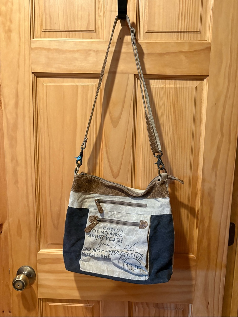 Myra Bag Double Zipper Shoulder Bag canvas denim leather